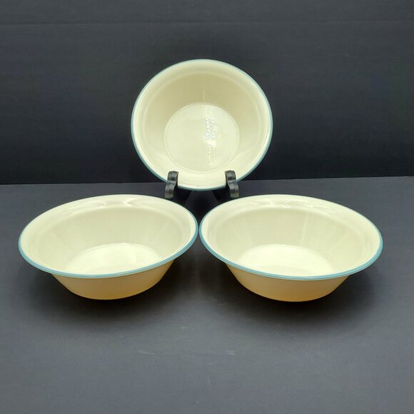 Corelle Symphony Soup Cereal Bowls Sandstone Beige Bowl Slate Blue Band - Picture 1 of 7